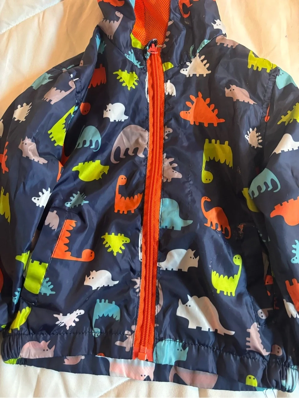 Kids Navy Dinosaur Hooded Windbreaker Jacket with Orange Trim size M (24m)